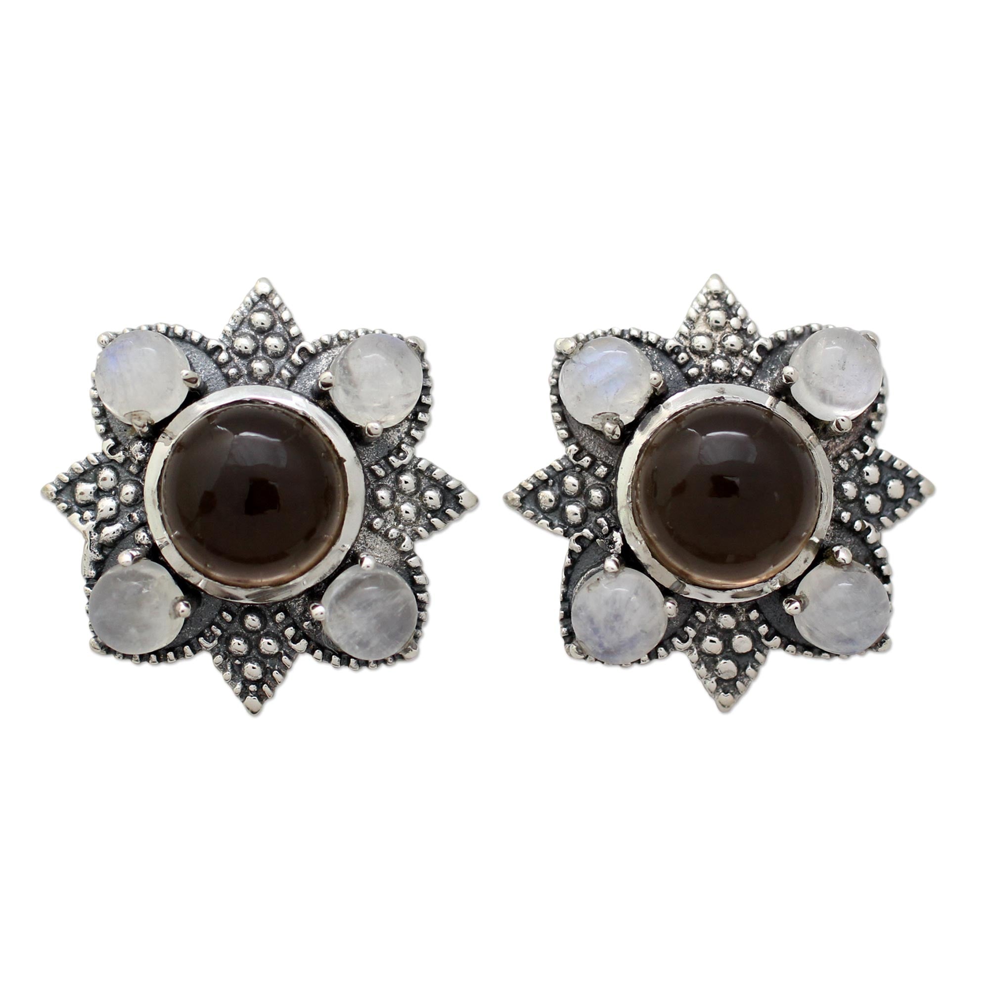 Mughal Moonlight Smoky Quartz & Silver Button Earrings