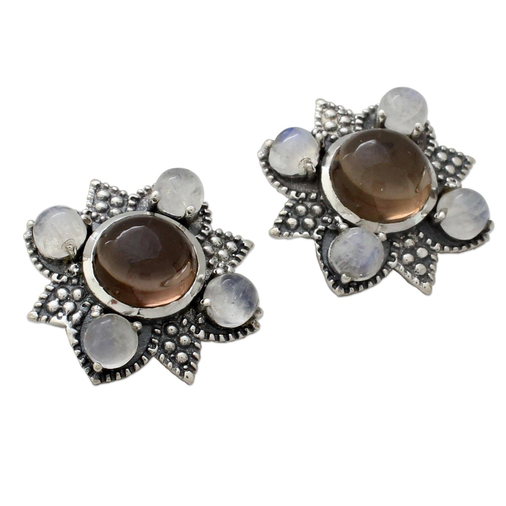 Mughal Moonlight Smoky Quartz & Silver Button Earrings
