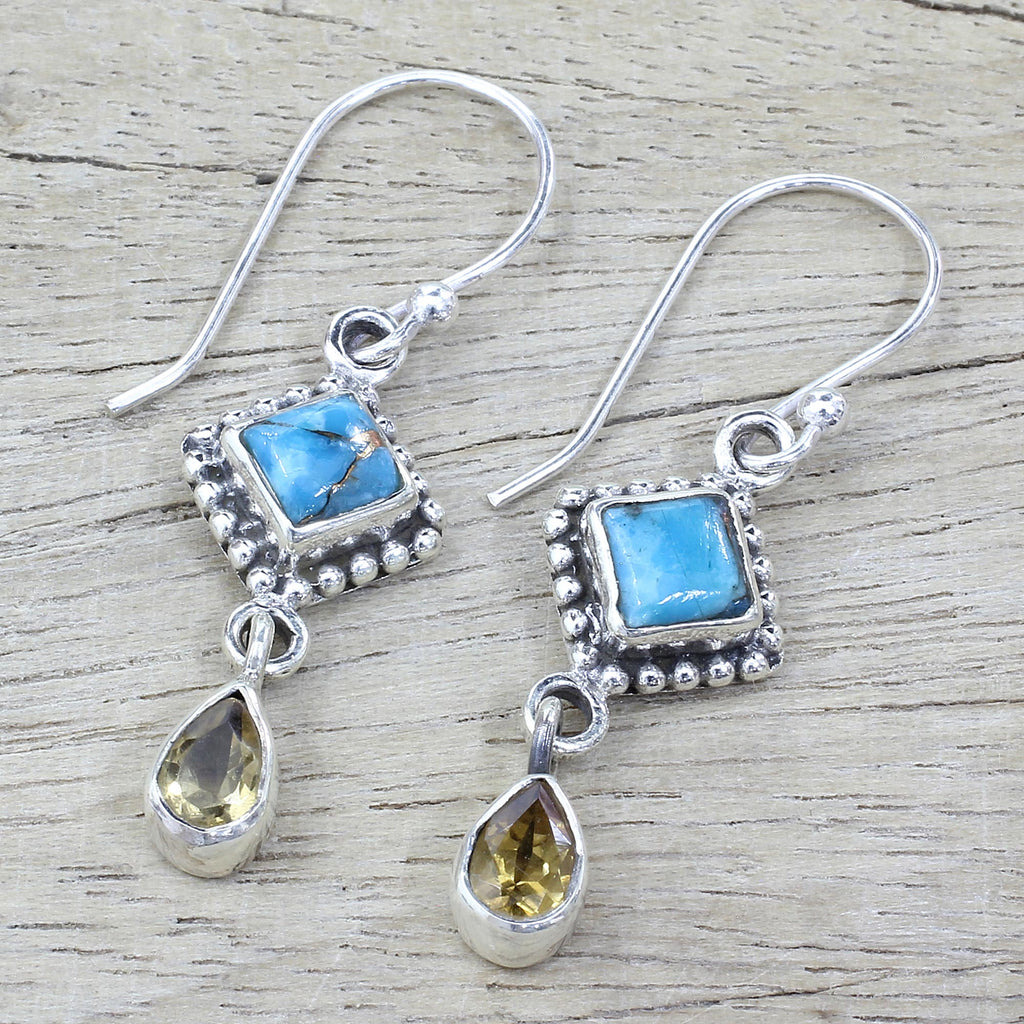 Radiant Princess Citrine & Turquoise Dangle Earrings