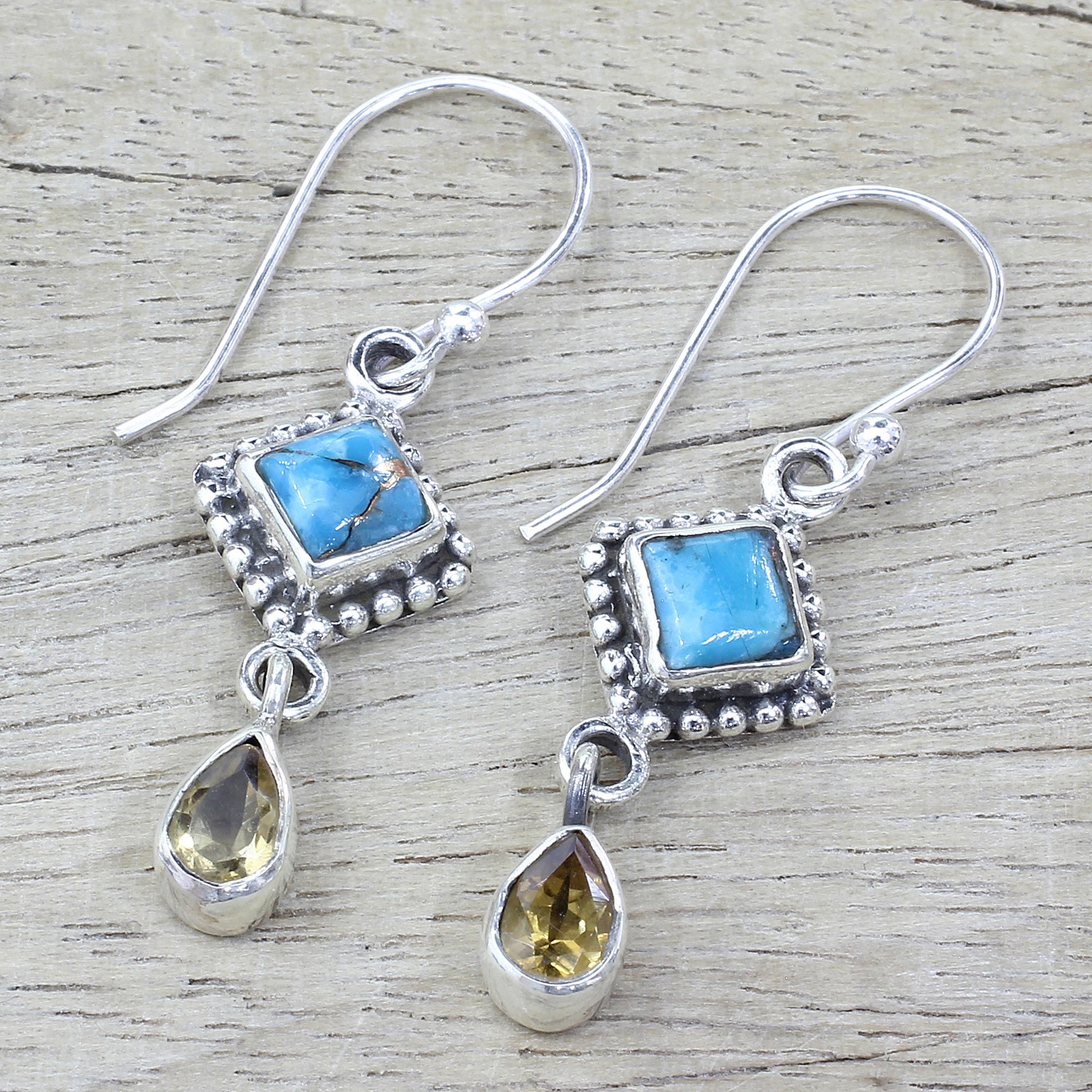 Radiant Princess Citrine & Turquoise Dangle Earrings