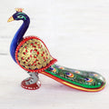 Posturing Peacock Golden Red & Blue Wooden Peacock Sculpture