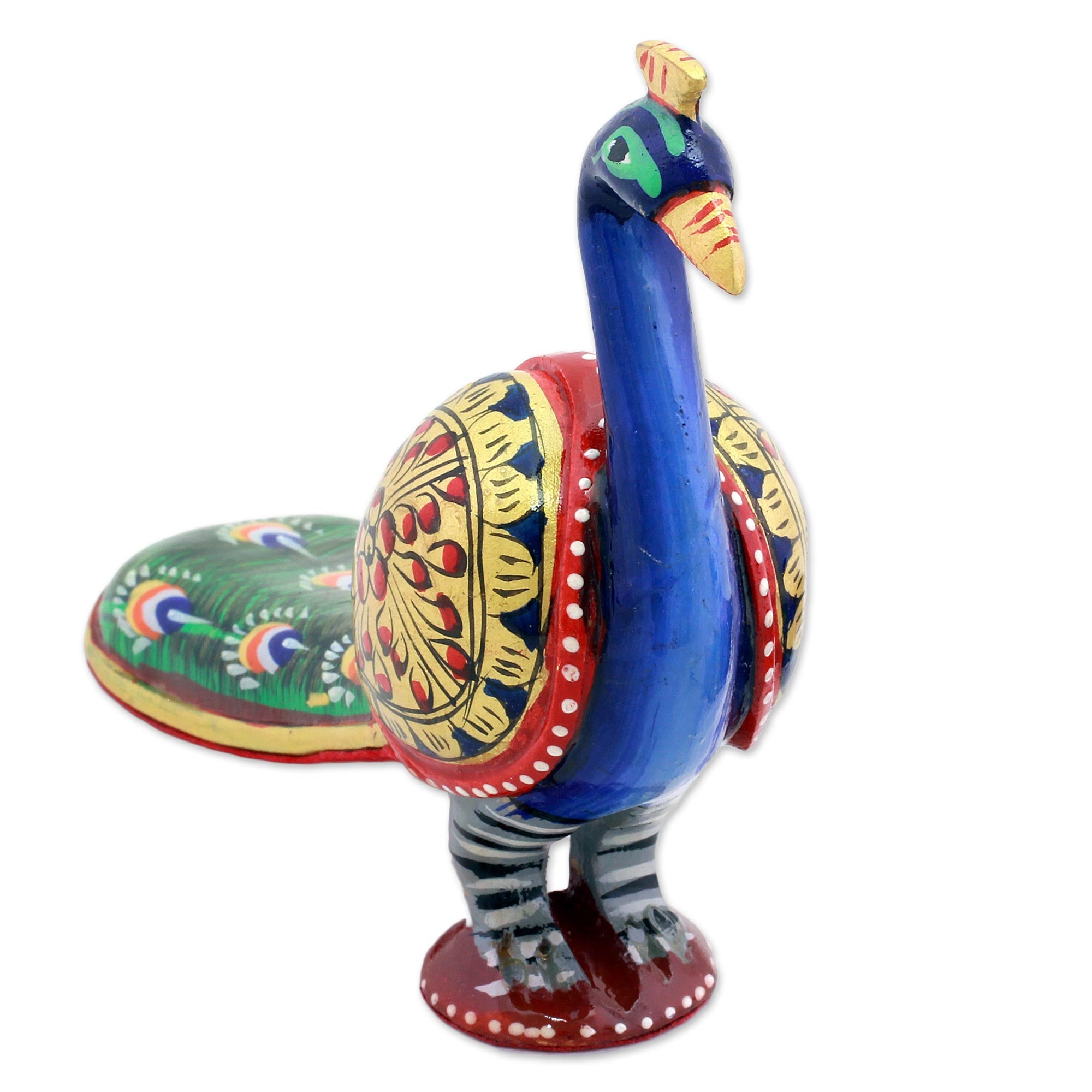 Posturing Peacock Golden Red & Blue Wooden Peacock Sculpture