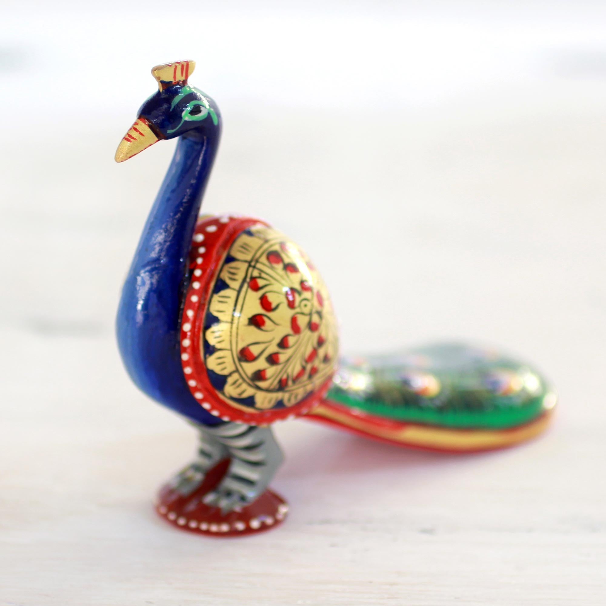Posturing Peacock Golden Red & Blue Wooden Peacock Sculpture