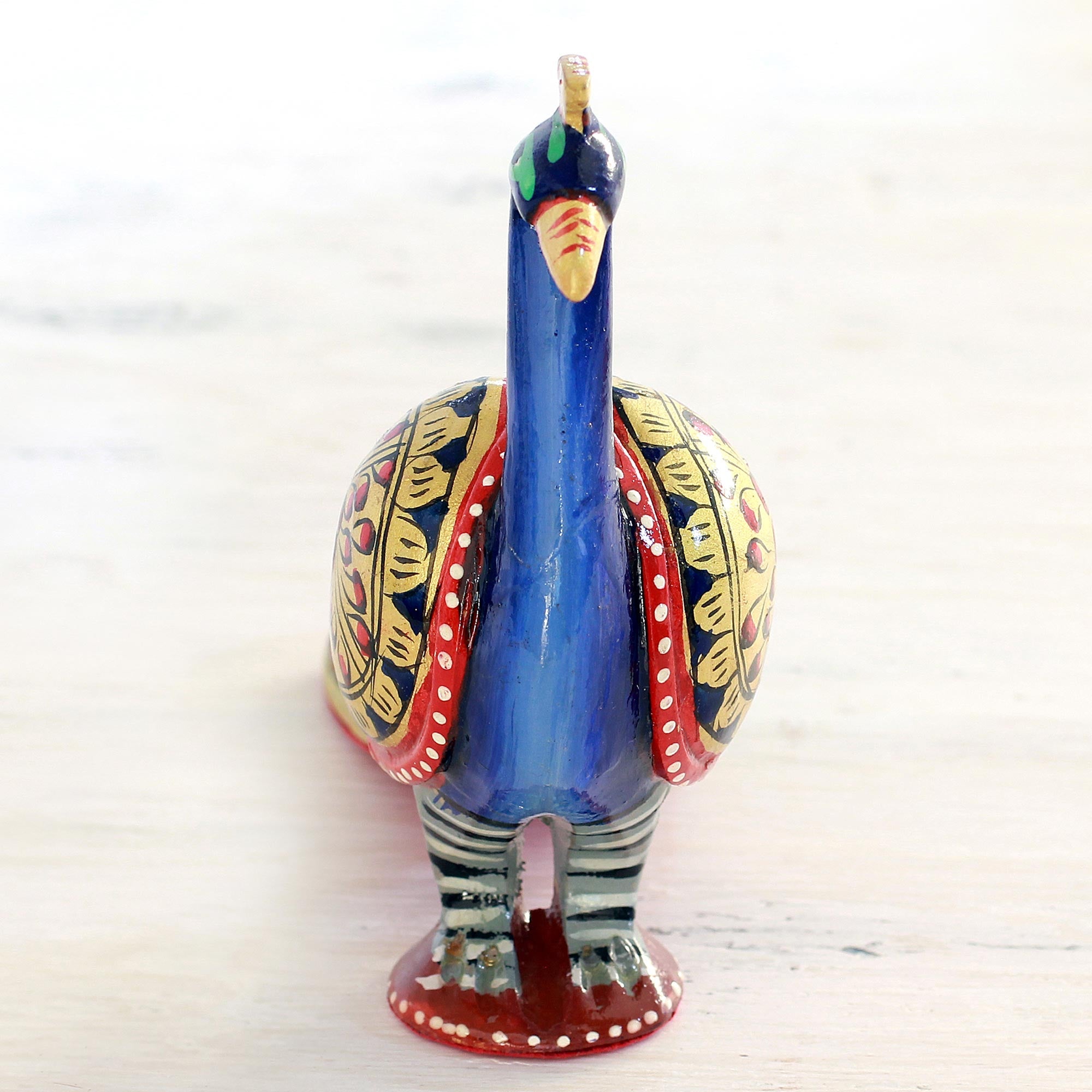 Posturing Peacock Golden Red & Blue Wooden Peacock Sculpture