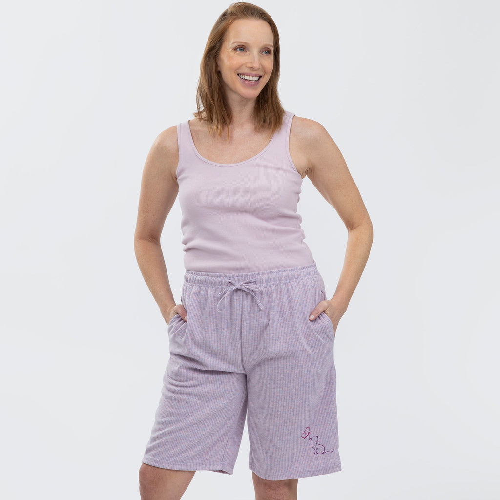 Soft Melange Cat & Butterfly Purple Rib Knit Shorts
