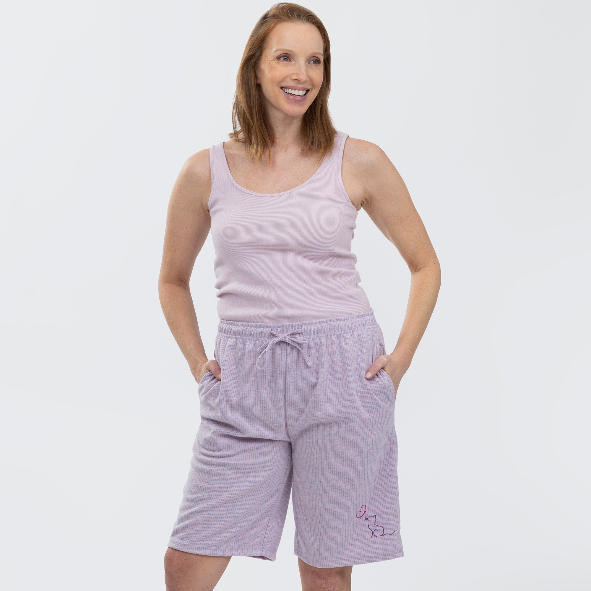 Soft Melange Cat & Butterfly Purple Rib Knit Shorts