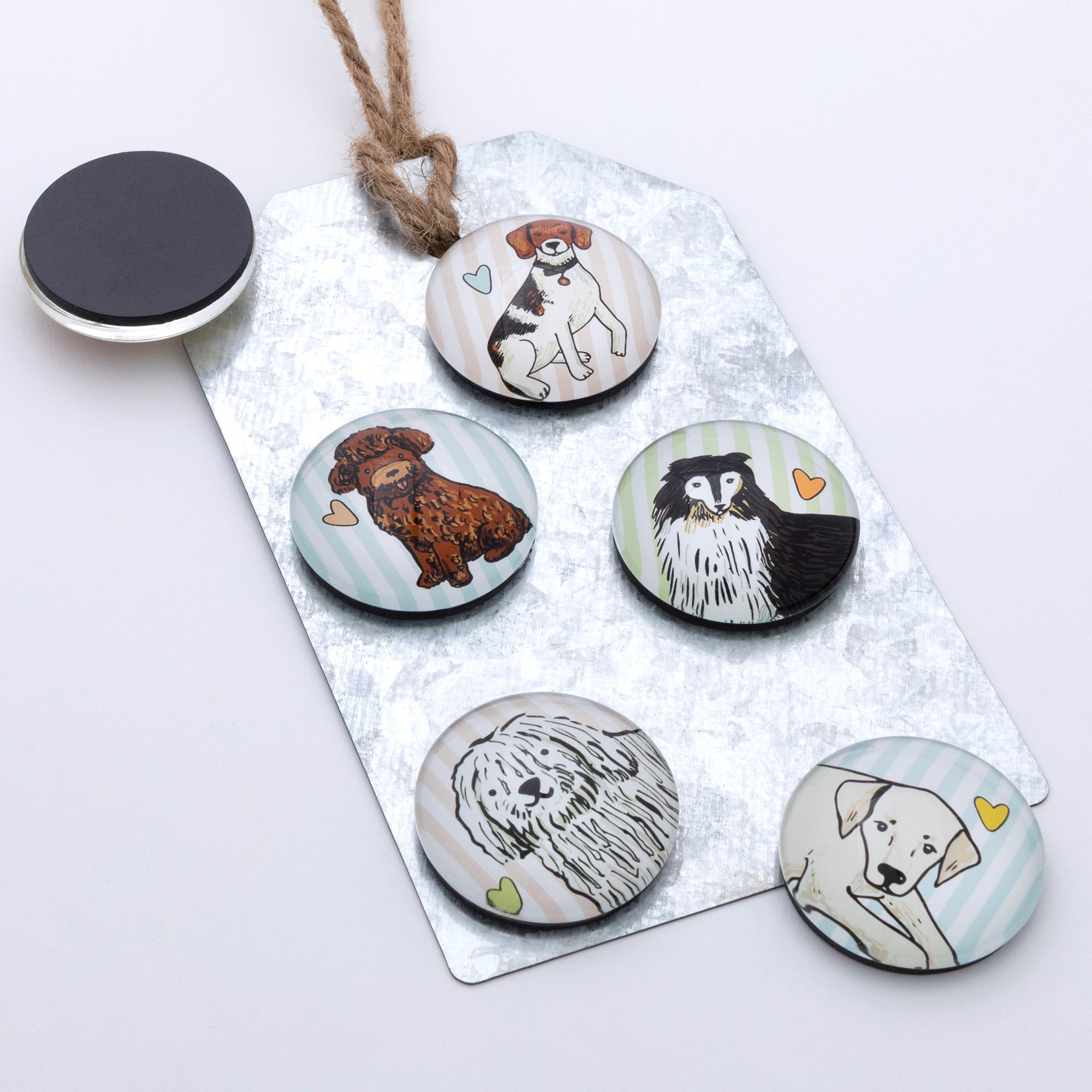 Decorative Pet Lover Fridge Magnets | 6 Piece Cat & Dog Magnet Set with Rustic Metal Gift Tag