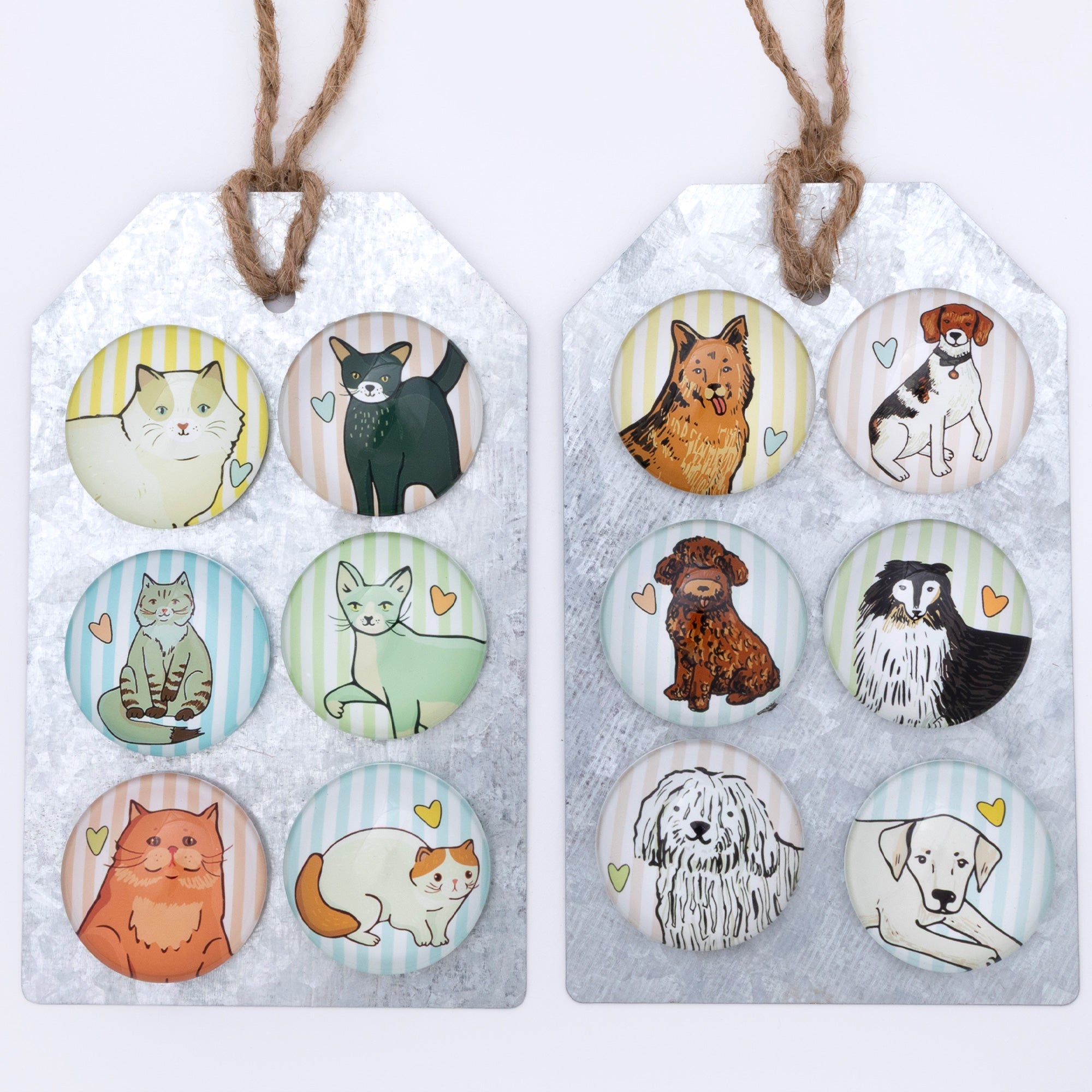 Decorative Pet Lover Fridge Magnets | 6 Piece Cat & Dog Magnet Set with Rustic Metal Gift Tag