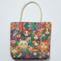 Colorful Floral Cat Tote Bag with Rope Handles