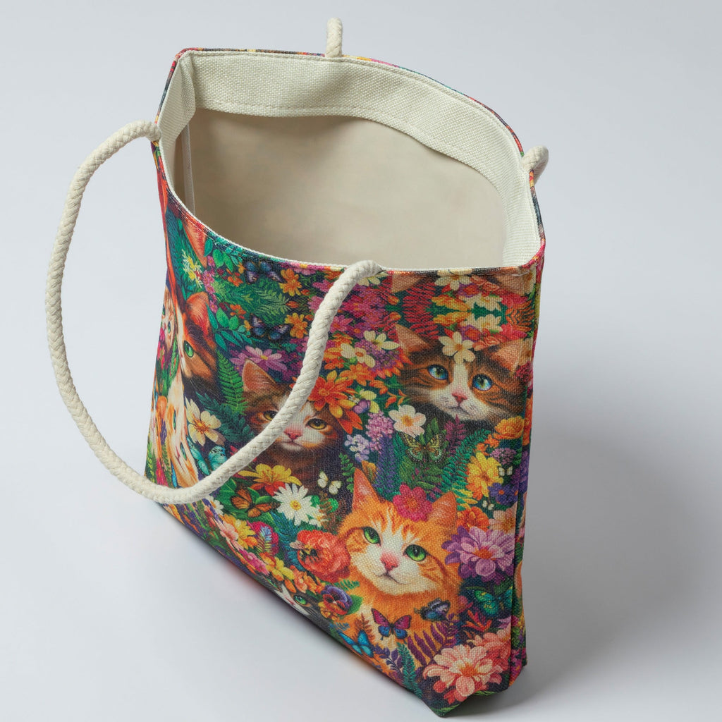Colorful Floral Cat Tote Bag with Rope Handles